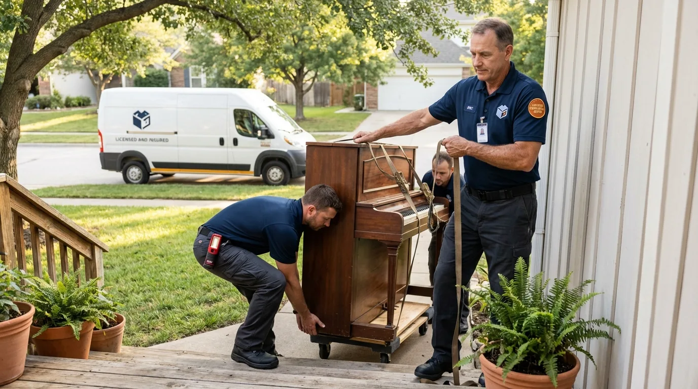 Licensed piano movers securing grand piano in Arlington, GA