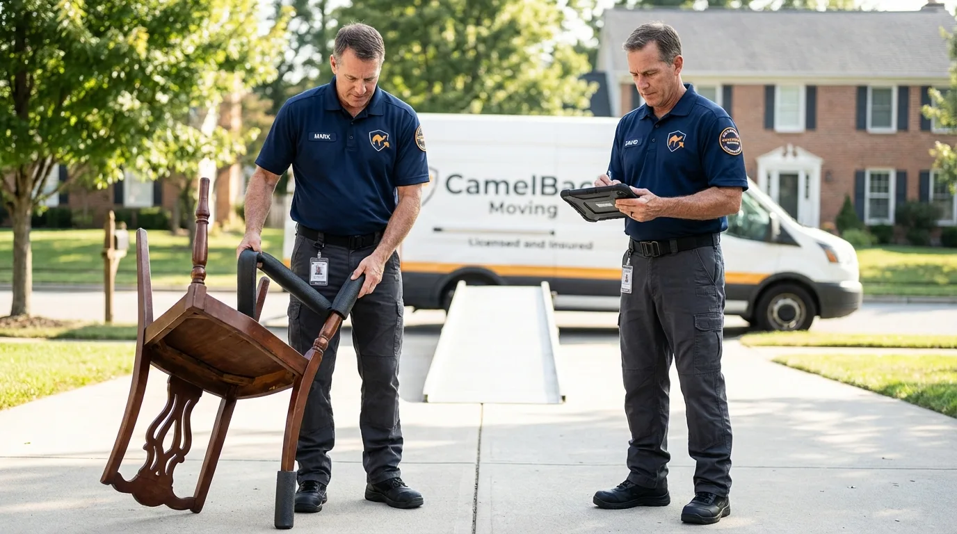 Movers inspecting furniture for damage prevention before loading in Arlington, GA