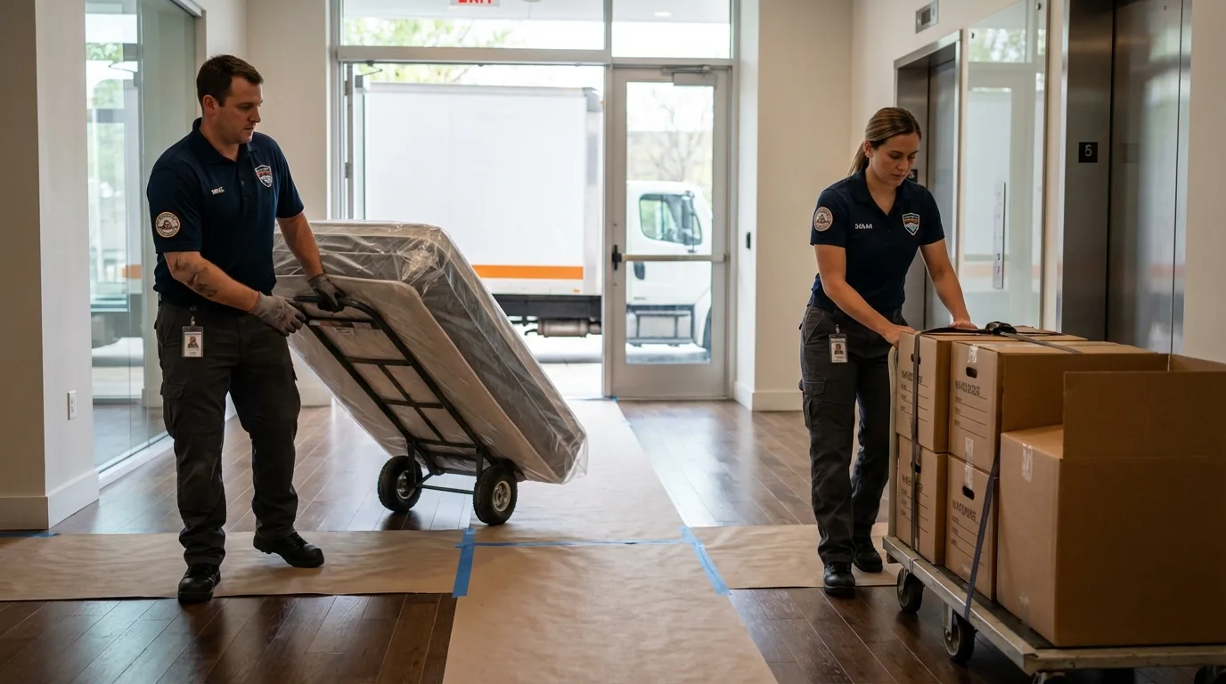 Professional apartment movers loading elevator in Arlington, GA